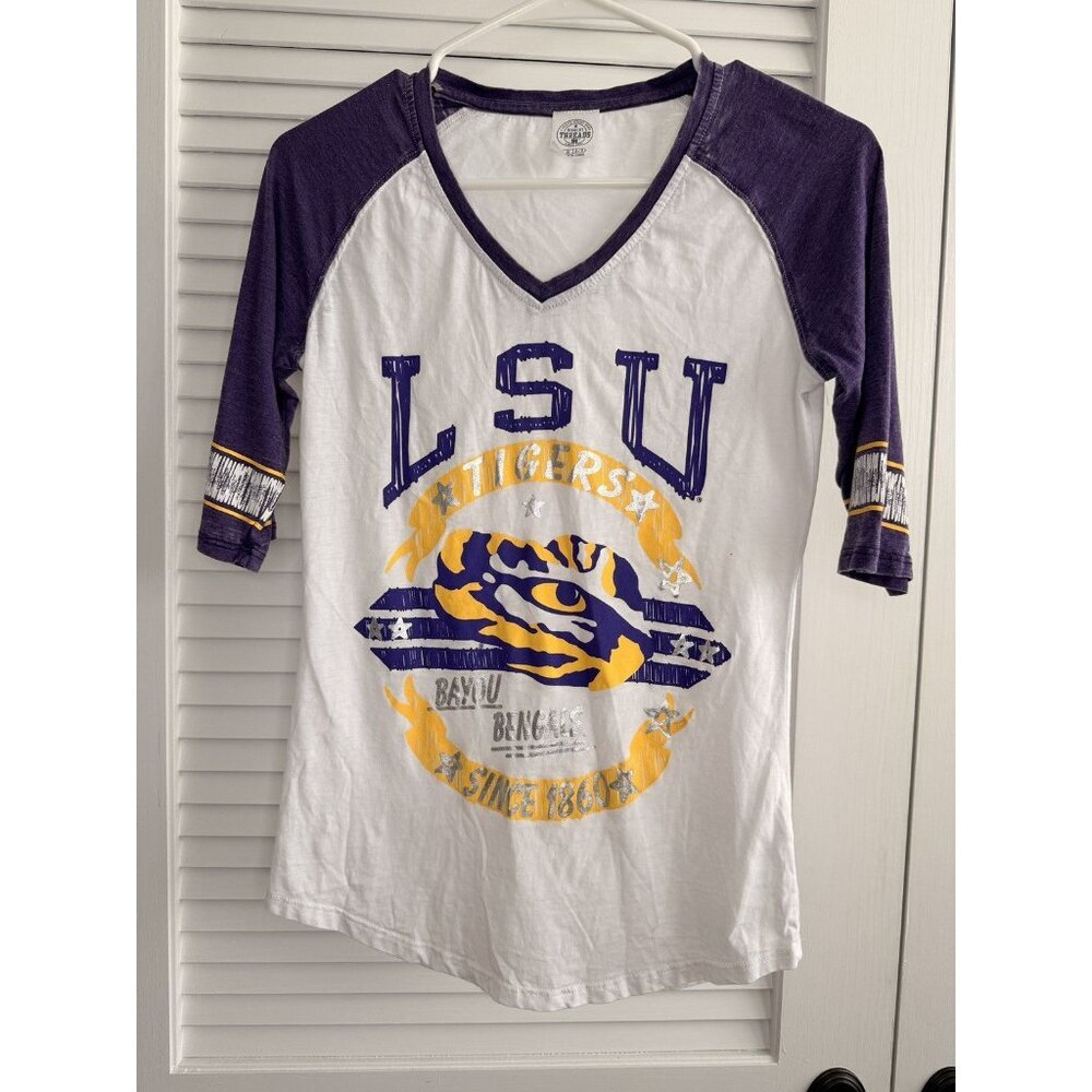 LSU Tigers Women’s Raglan V-Neck 3/4 Sleeve Shirt Small Purple Gold NCAA NWOT
